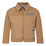 Lanvin Plain Zip Up Jacket With Logo Print Camel For Boys