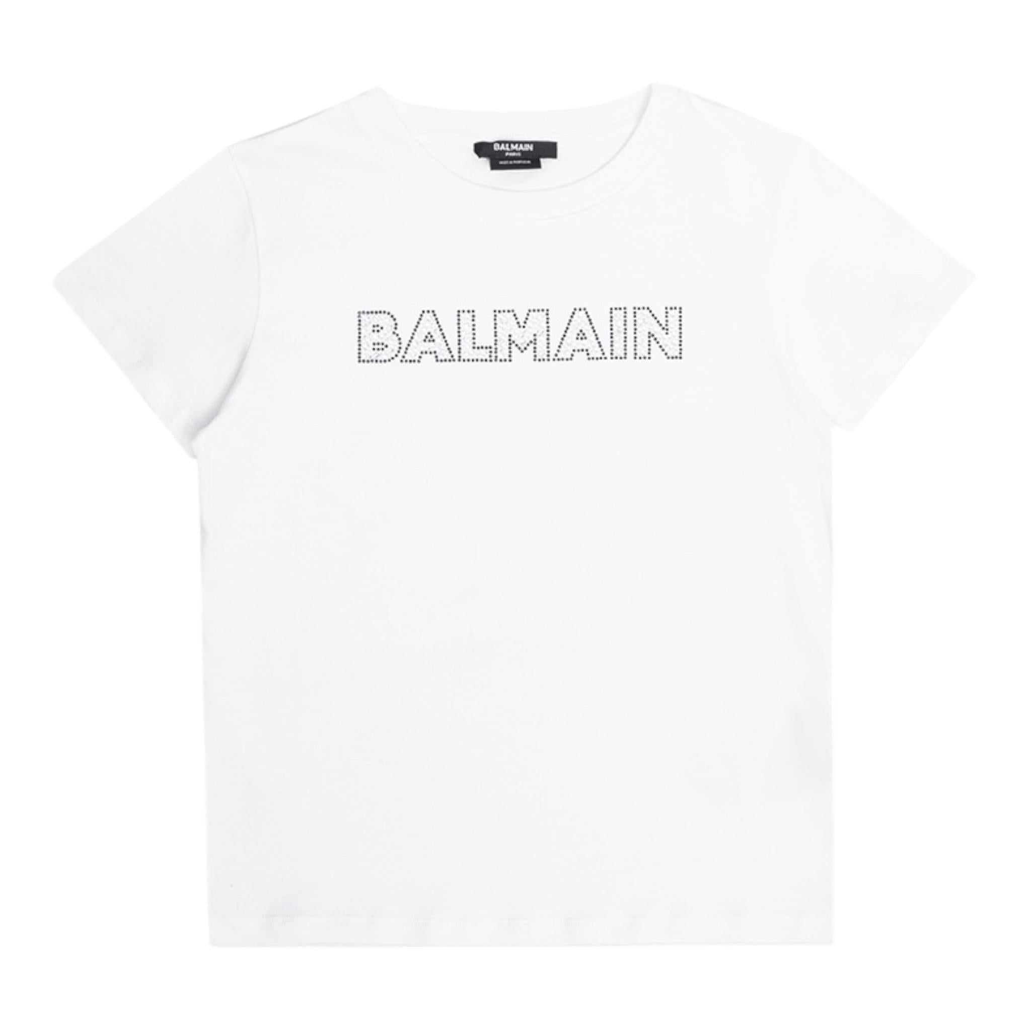 Balmain T-Shirt Girocollo Tinta Unita con Brillantini per Bambina BS8B61 BIANCO BALMAIN 