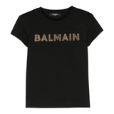 Balmain Solid Color Crew Neck T-Shirt With Glitter Print Black For Girls