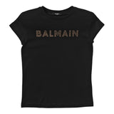 Balmain Solid Color Crew Neck T-Shirt With Glitter Print Black For Girls