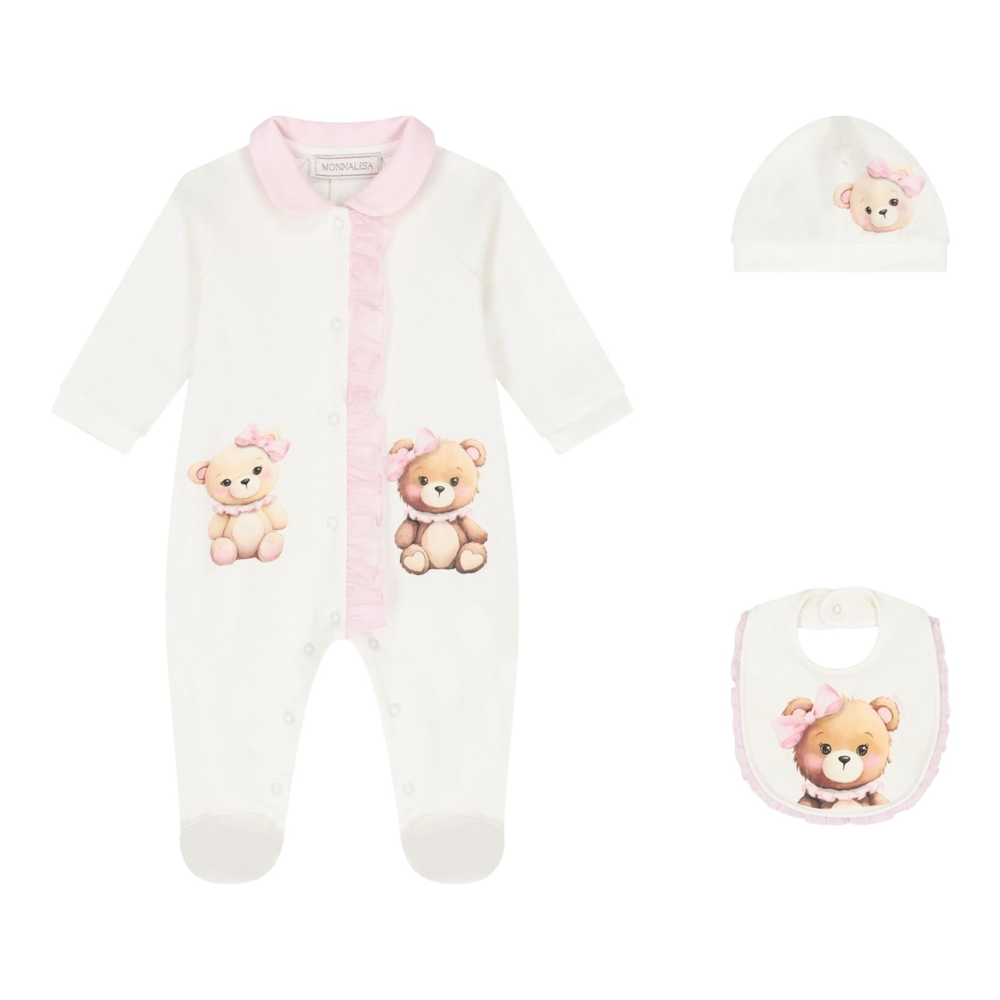 Monnalisa Set Tutina-Cappello-Bavetta Tinta Unita con Stampa per Neonata 35D506 BIANCO MONNALISA 