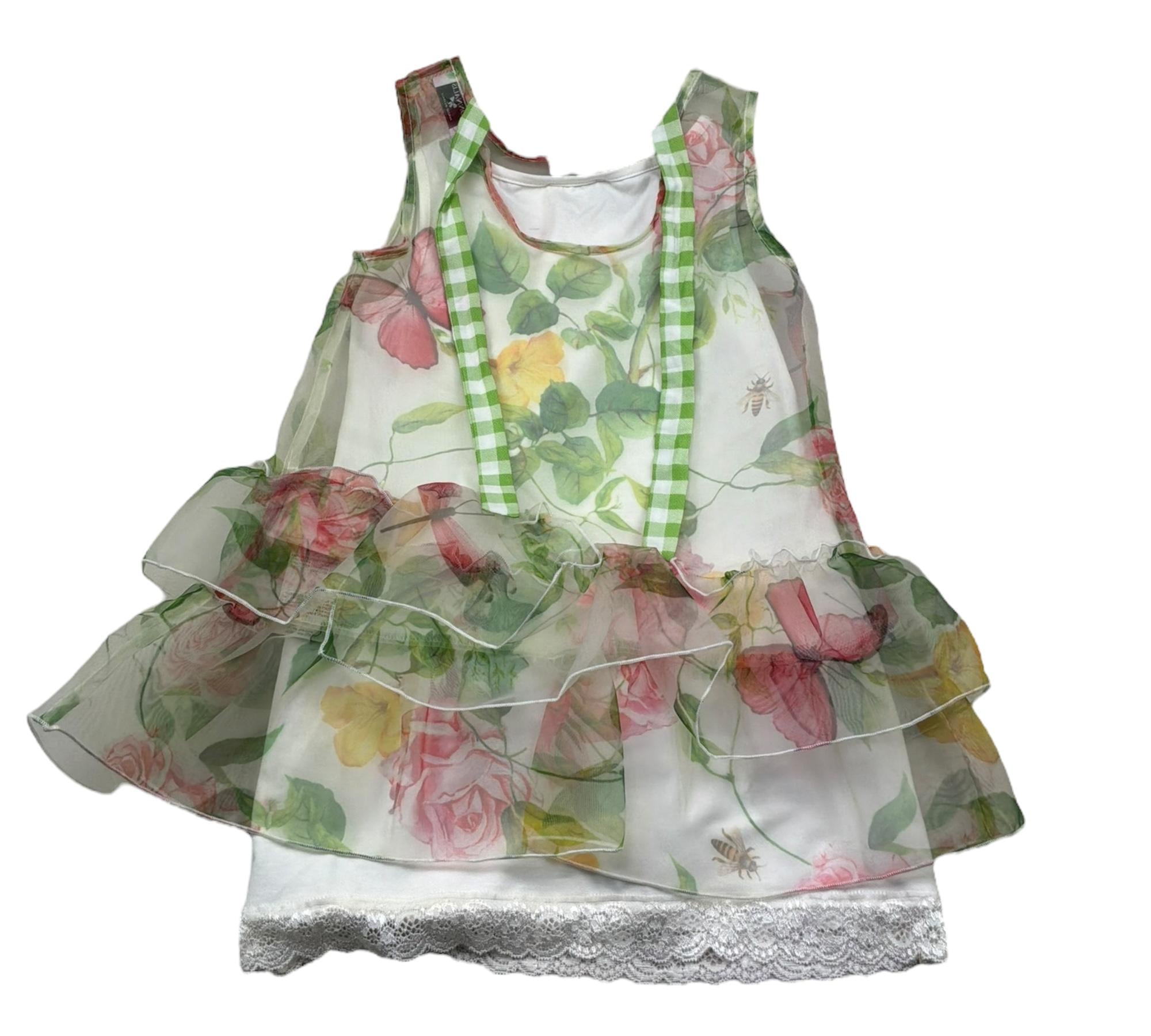 Monnalisa Abito Giromanica Tinta Unita Velata con Fantasia Floreale per Bambina 117924 VERDE MONNALISA 