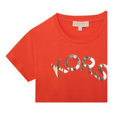 Michael Kors Orange Logo Print Crew Neck Solid Half Sleeve Dress For Girls