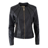 Yes Zee Black Solid Color Zip Up Faux Leather Jacket For Girls