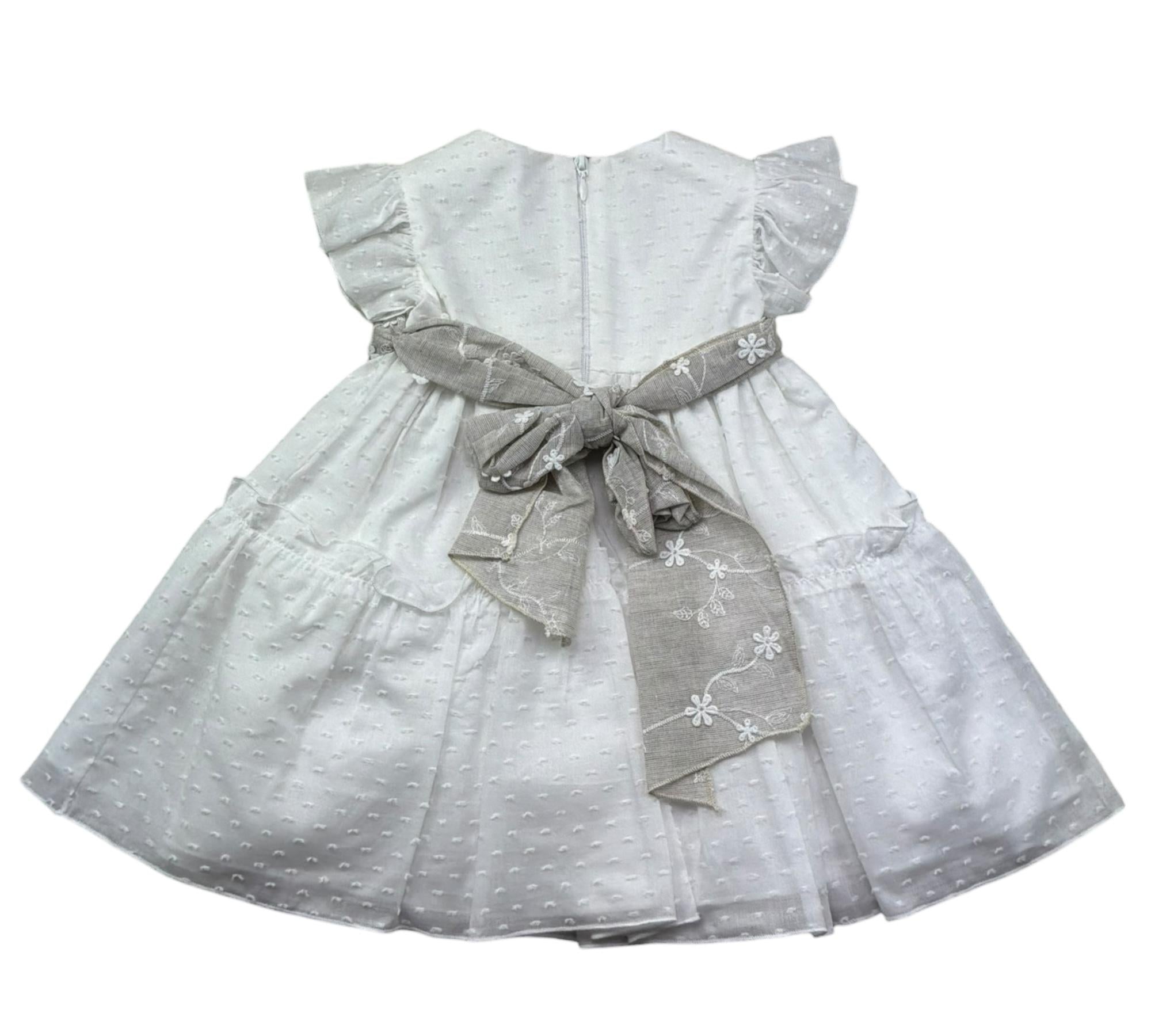 Le Bebe Abito Mezza Manica Cerimoniale Tinta Unita con Cinturino per Neonata LBG6375 BIANCO LE BEBE 