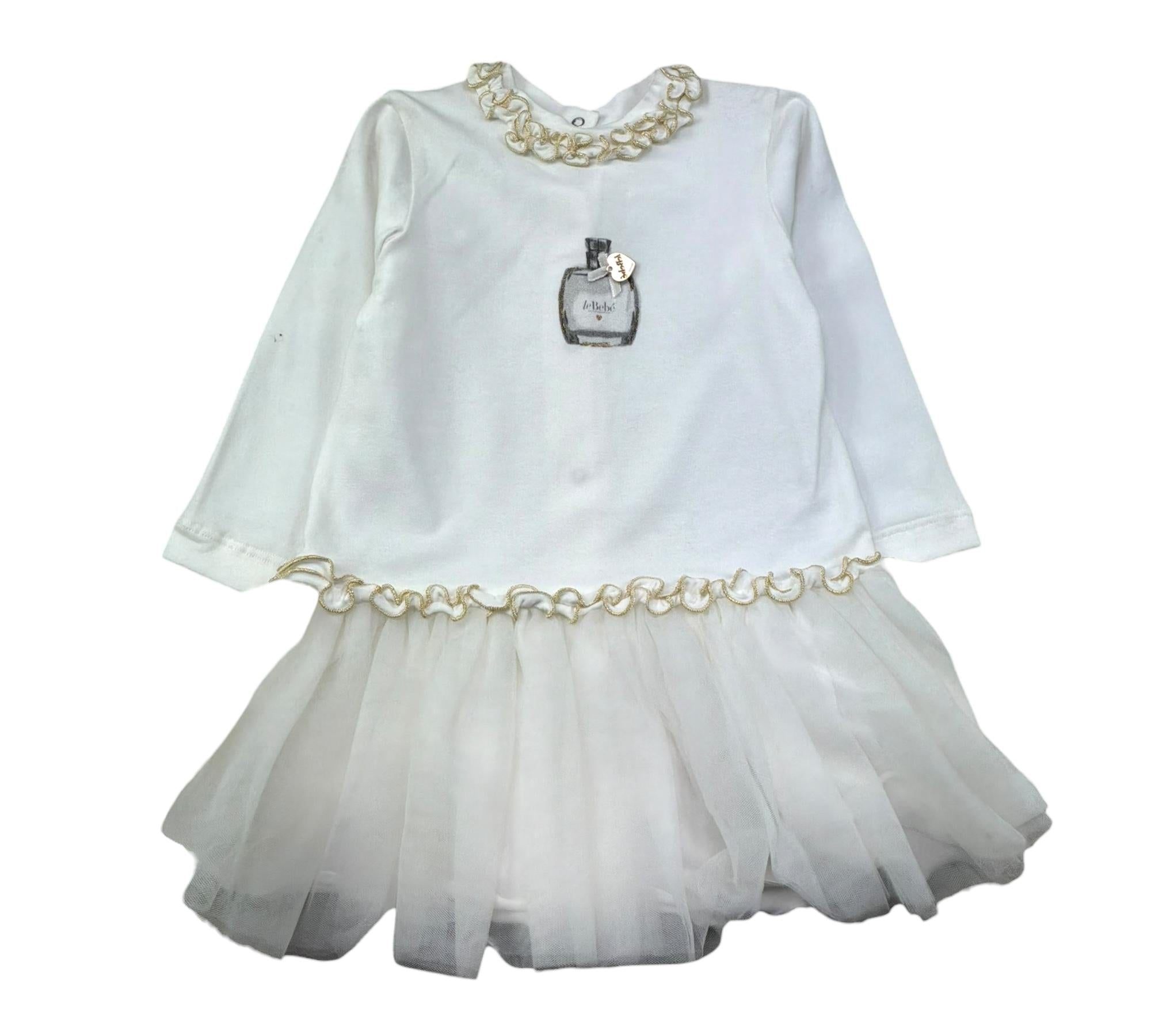 Le Bebe Abito Manica Lunga Tinta Unita con Gonna Tulle per Neonata LBG0465 BIANCO LE BEBE 