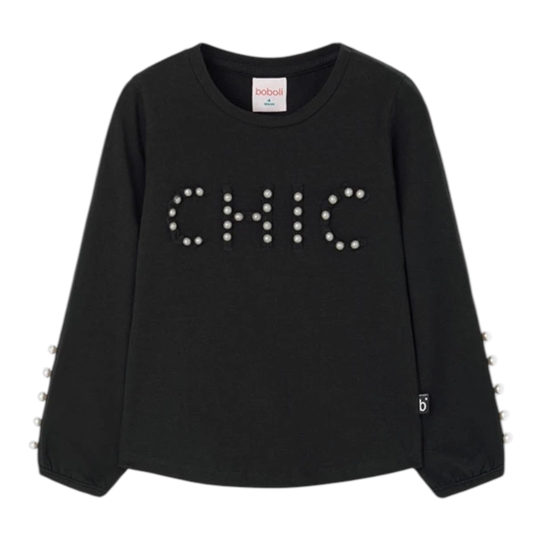 BOBOLI shirt girocollo tinta unita cn perle Nero per Bambina 729064 NERO BOBOLI 