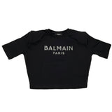 Balmain Solid Color Crew Neck Crop T-Shirt With Glitter Print Black For Girls