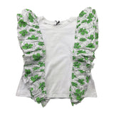 Janice Solid Color Crew Neck Top With Ruffles And Print White For Girls