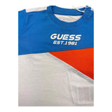 Guess Tricolor Crewneck T-Shirt with Light Blue Print for Newborns