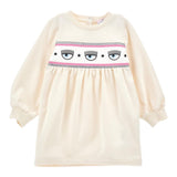 Chiara Ferragni Solid Color Crew Neck Dress With Beige Print For Baby Girl