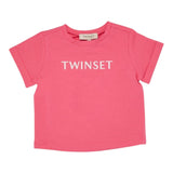 Twinset Solid Color Crew Neck T-Shirt With Pink Print For Girls
