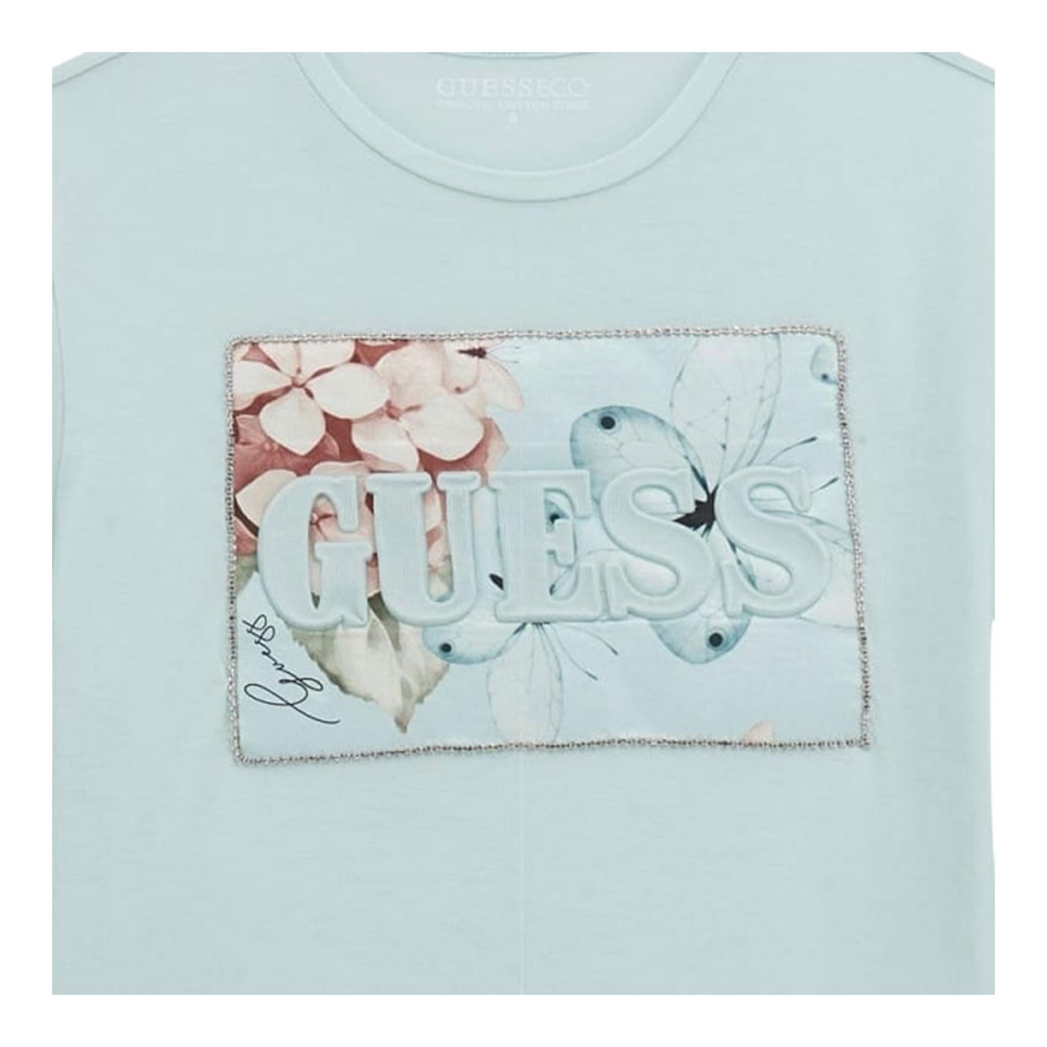Guess T-Shirt Girocollo Tinta Unita con Applicazione per Bambina J5RI25KCRI2 AZZURRO GUESS 