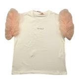 Vicolo Solid Color Crew Neck T-Shirt With Tulle Sleeves Cream/Pink For Girls