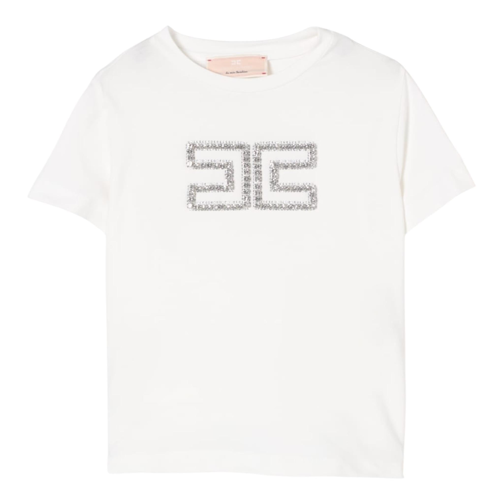 Elisabetta Franchi T-Shirt Girocollo Tinta Unita con Applicazioni Brillantini per Bambina EFTS239 BIANCO ELISABETTA FRANCHI 