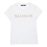 Balmain Solid Color Crew Neck T-Shirt With Glitter Print White For Girls