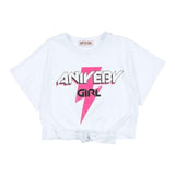 Aniye By Girl Solid Color Crew Neck Crop Top Print White T-Shirt For Girls