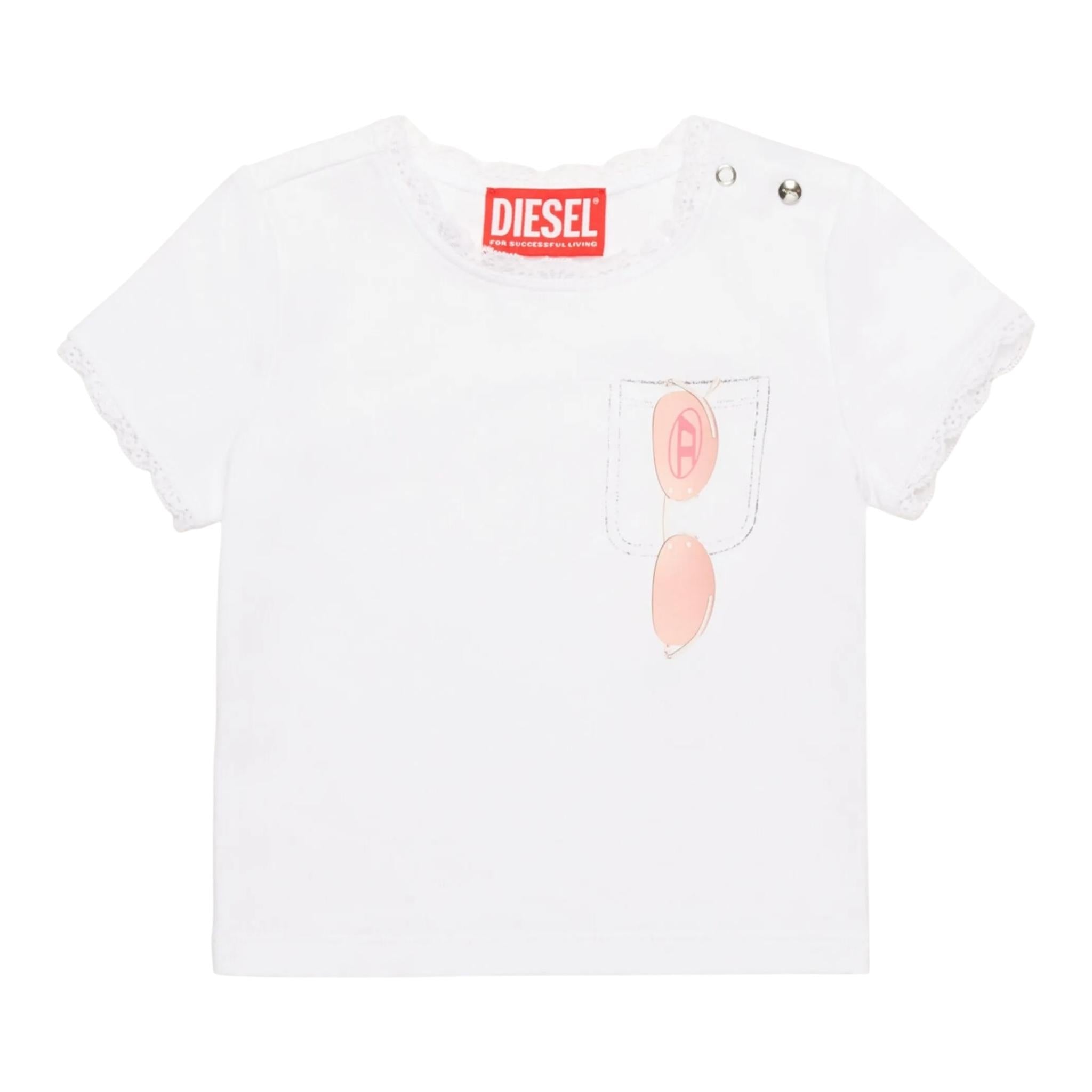 Diesel T-Shirt Girocollo Tinta Unita con Ricami per Neonata K00636N BIANCO DIESEL 