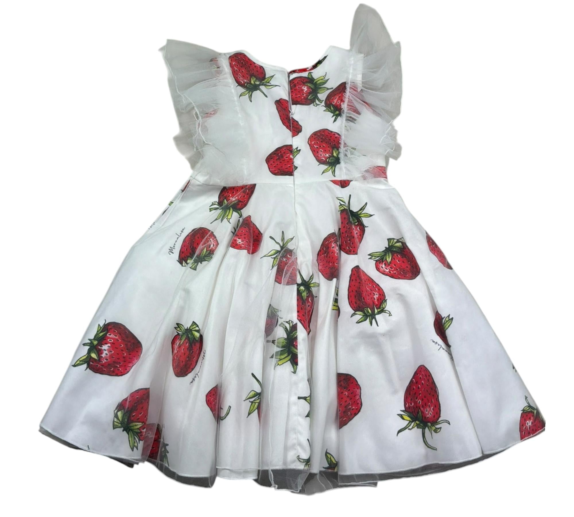 Monnalisa Abito Giromanica Tinta Unita Fantasia Fragole per Bambina 117923 BIANCO MONNALISA 