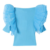 Twinset Solid Color Crew Neck T-Shirt With Light Blue Frills For Baby Girls