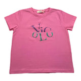 Vicolo Solid Color Crew Neck T-Shirt With Pink Glitter Print For Girls