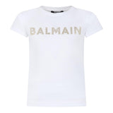 Balmain Solid Color Crew Neck T-Shirt With Glitter Print White For Girls