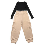 Minimal Complete 2 Piece Two-Tone Black/Beige Shirt-Pants Set For Girls