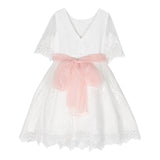 Abel &amp; Lula 3/4 Sleeve Dress Solid Color With Embroidery And Contrast Waistband White For Girls