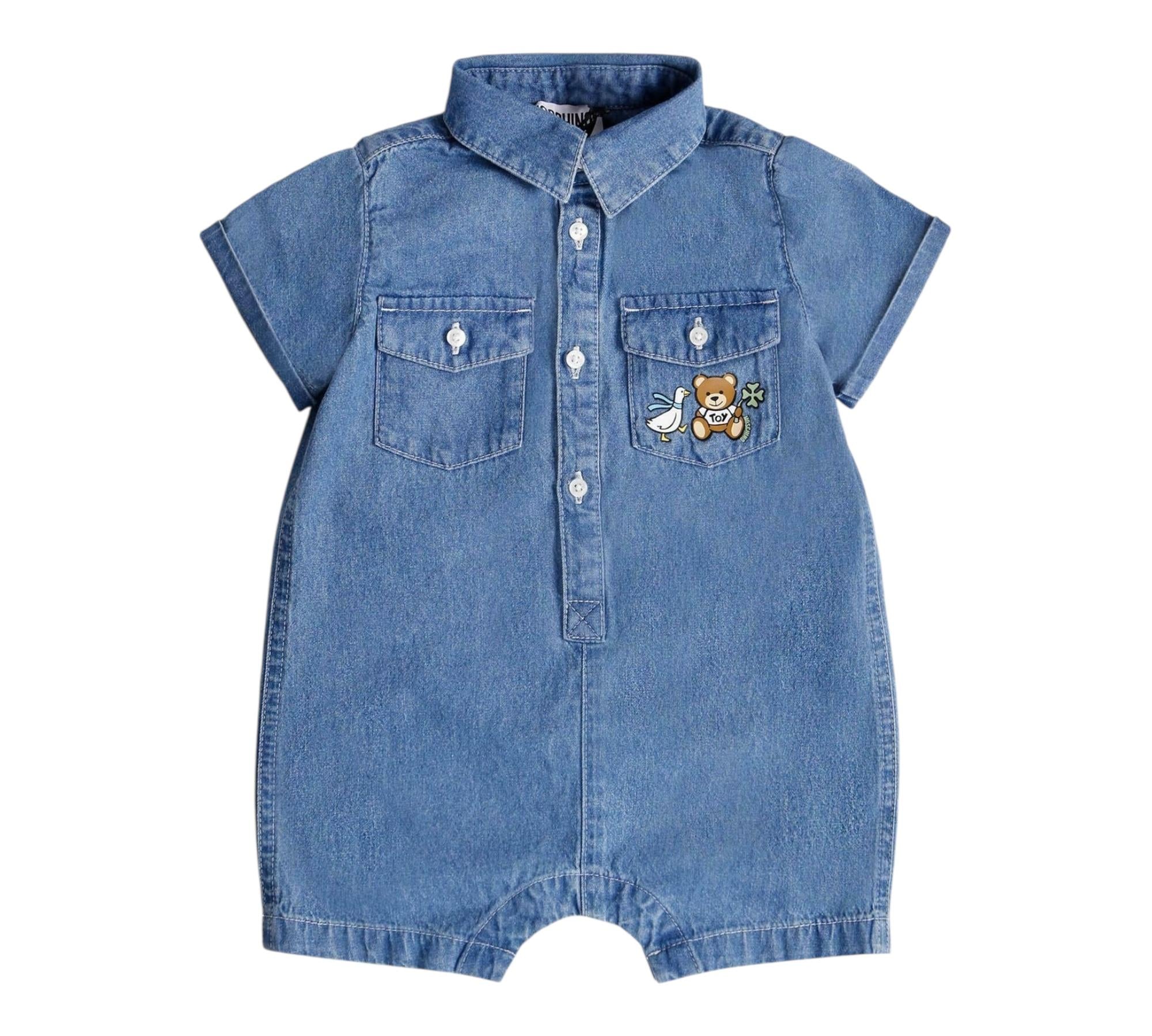 Moschino Pagliaccetto Mezza Manica Tinta Unita In Denim per Neonato MUT045 BLU MOSCHINO 