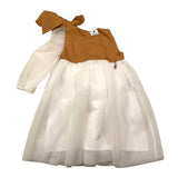 Minimal Two-Tone Dress With Armholes And Tulle White/Camel For Newborn