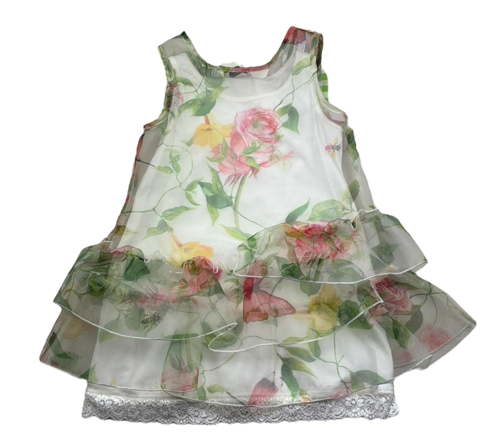 Monnalisa Abito Giromanica Tinta Unita Velata con Fantasia Floreale per Bambina 117924 VERDE MONNALISA 