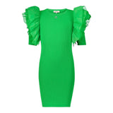 Twinset Solid Color Half Sleeve Dress With Green Tulle For Girls