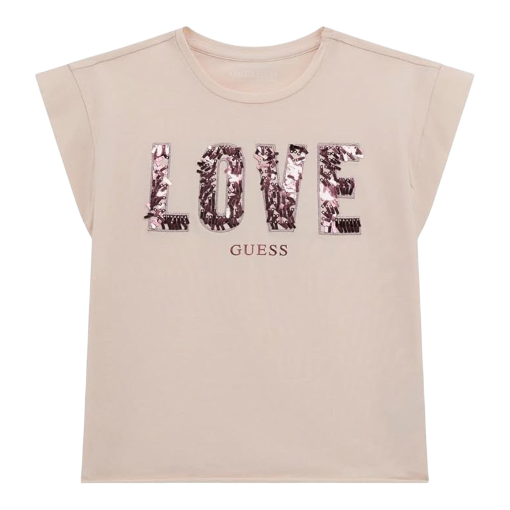 Guess T-Shirt Tinta Unita Girocollo con Paillettes per Bambina J5RI37K05 ROSA GUESS 