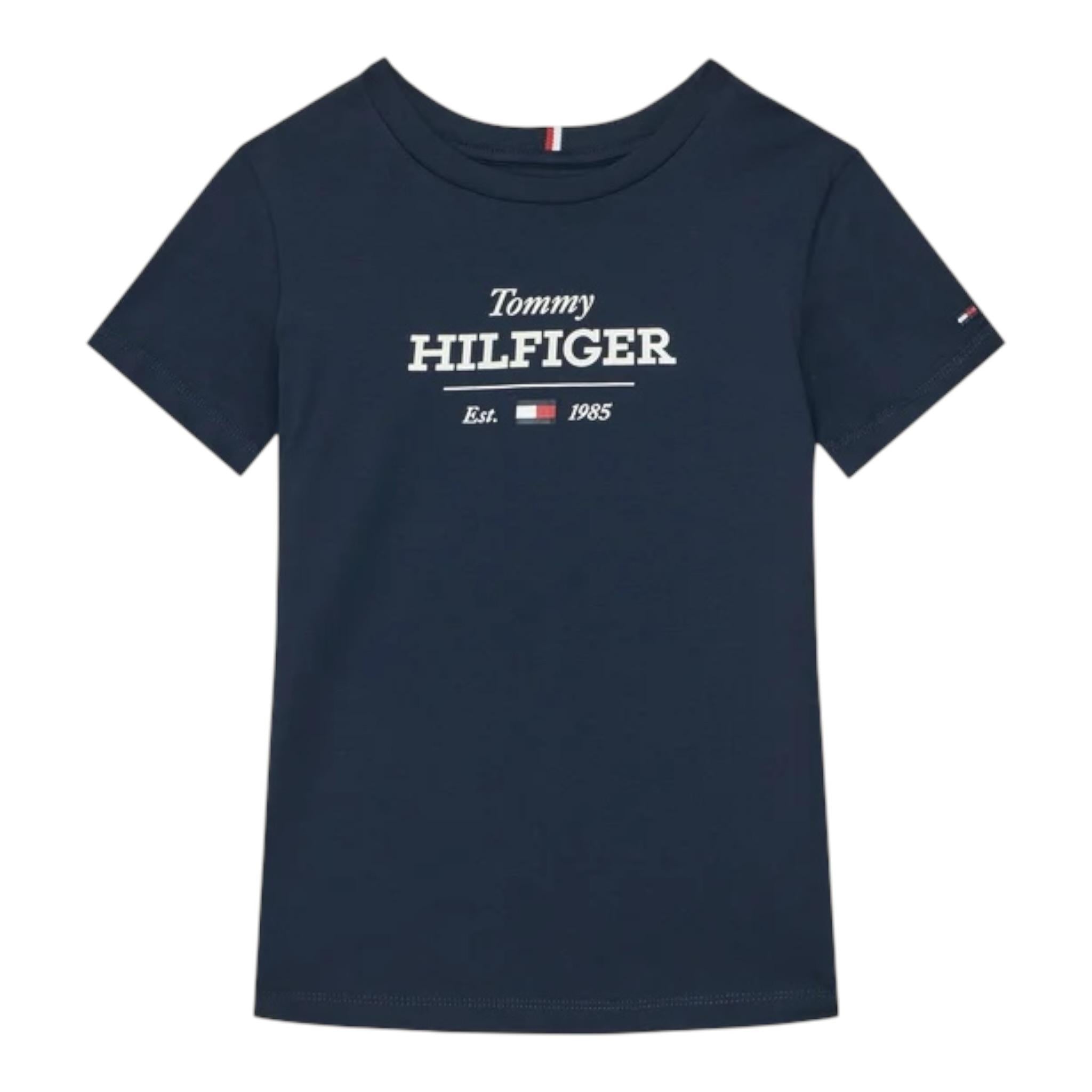 Tommy Hilfiger T-Shirt Girocollo Tinta Unita con Logo per Bambino KB0KB09356 BLU TOMMY HILFIGER 