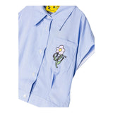 Off-White Shirt Half Sleeve Solid Color Striped Pattern Light Blue For Girls