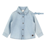 Carre'Ment Beau Solid Color Long Sleeve Denim Shirt With Bow Tie Light Blue For Baby