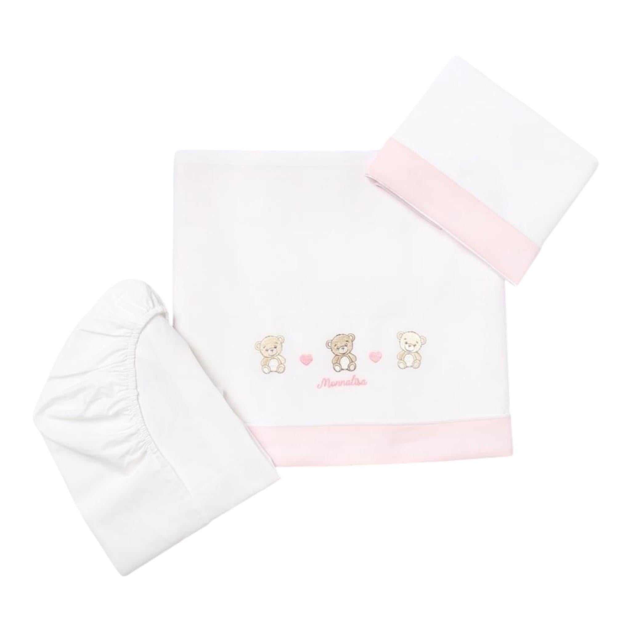 Monnalisa Set 3 Pezzi Lenzuola Tinta Unita con Stampa per Neonata 19680 BIANCO MONNALISA 
