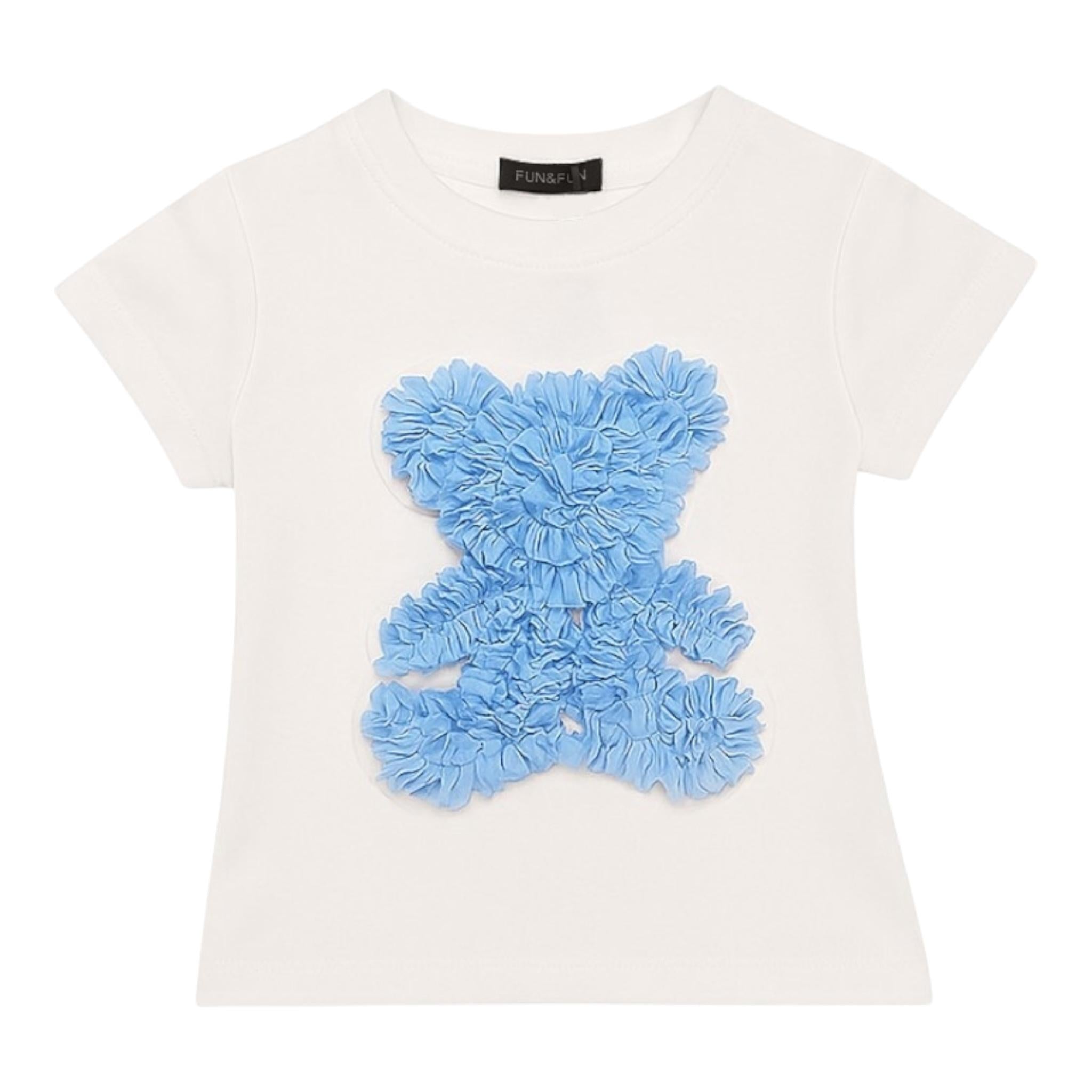 Fun & Fun T-Shirt Girocollo Tinta Unita con Orso per Bambina FBTS01423 BIANCO/AZZURRO FUN & FUN 