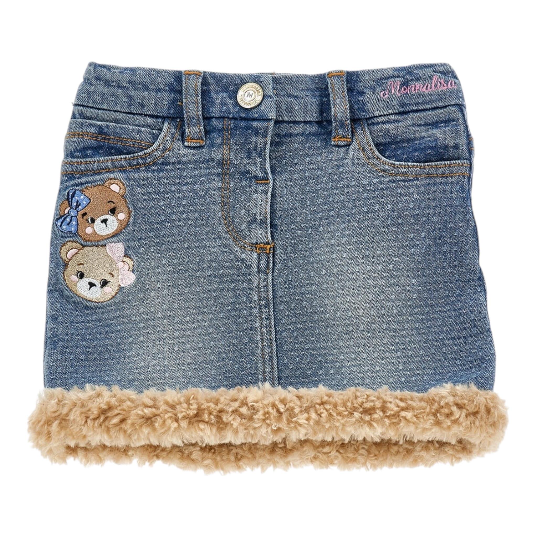 MONNALISA gonna in denim tinta unita con profili pelliccia Rosa per Bambina 39D701 AZZURRO MONNALISA 