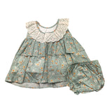 Valentina Bebes Solid Color Floral Print Sleeveless Dress With Aqua Green Culotte For Baby Girl