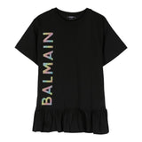 Balmain Black Logo Print Solid Color Half Sleeve Dress For Girls