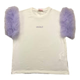 Vicolo Solid Color Crew Neck T-Shirt With Tulle Sleeves Cream/Lila For Girls