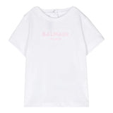 Balmain Solid Color Crew Neck T-Shirt With White Logo Print For Baby Girls