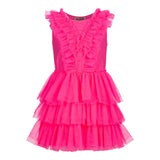 Aniye By Girl Solid Color Sleeveless Dress With Fluorescent Fuchsia Tulle For Girls