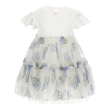 Monnalisa Solid Color Dress Half Sleeve With Tulle And White Flower Pattern For Baby Girl