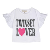 Twinset Solid Color Crew Neck T-Shirt With Ruffles And White Print For Girls