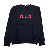 Emilio Pucci Solid Color Crewneck Sweater With Black Logo Print For Girls