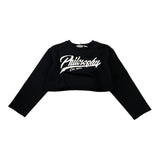 Philosophy Sweatshirt Model Crop Solid Color Crew Neck with Print Black for Girls