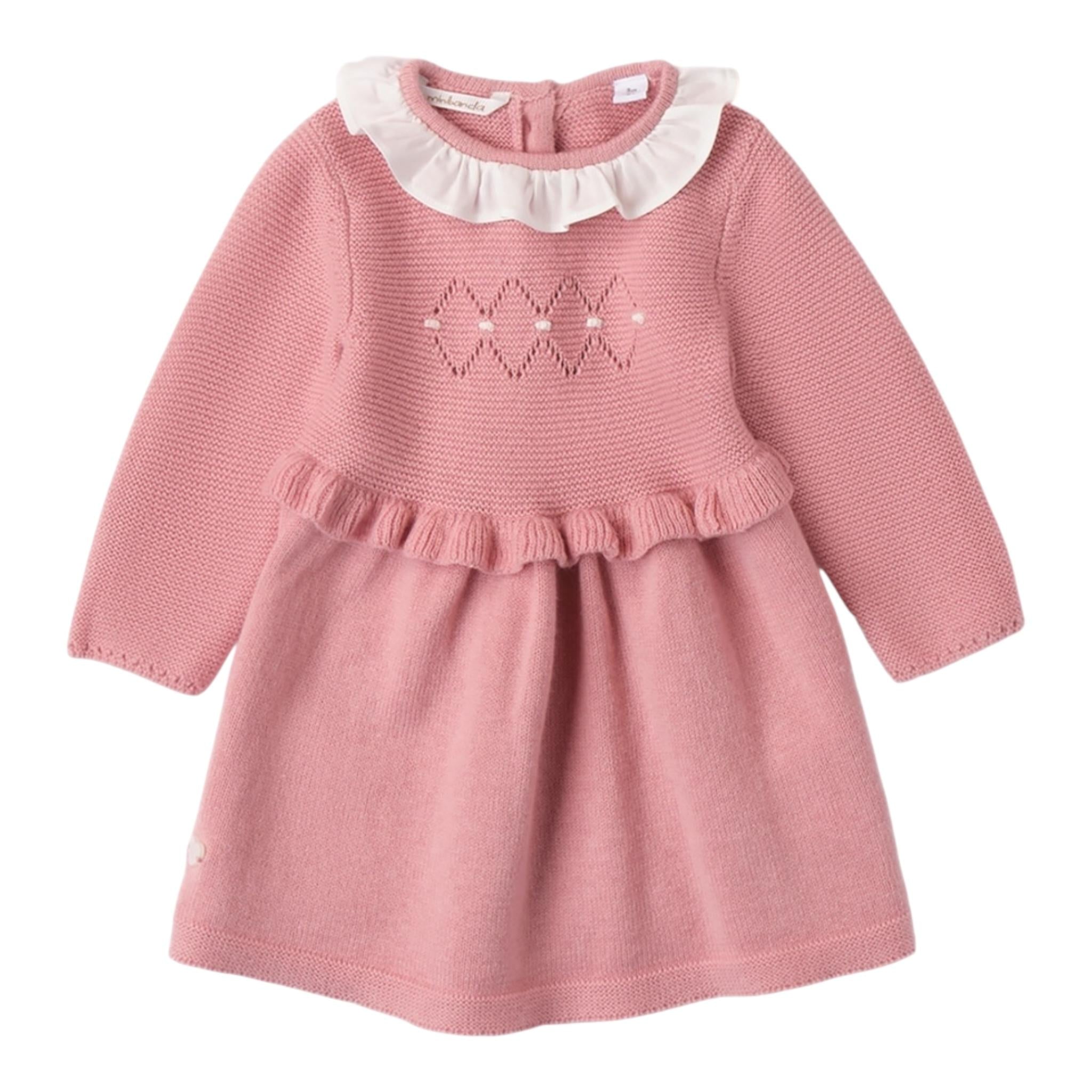 MINI BANDA abito tinta unita con colletto e ricami Rosa per Neonata 3A750 ROSA MINI BANDA 