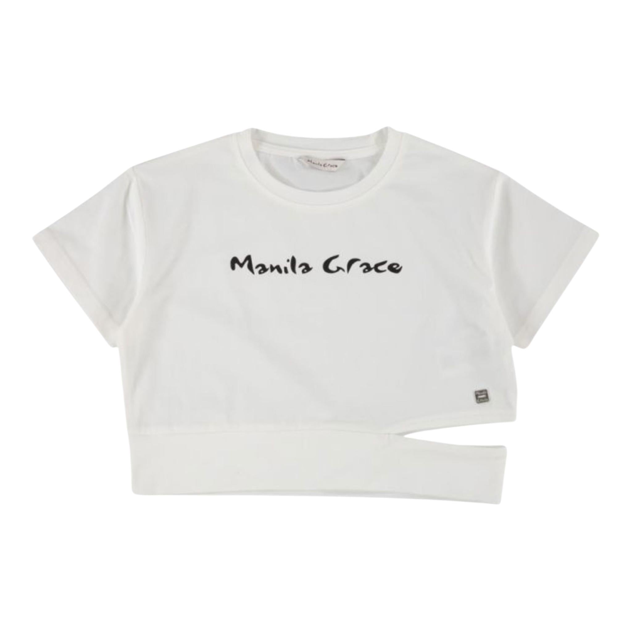 Manila Grace T-Shirt Girocollo Tinta Unita con Stampa per Bambina 148TMJS25 BIANCO MANILA GRACE 